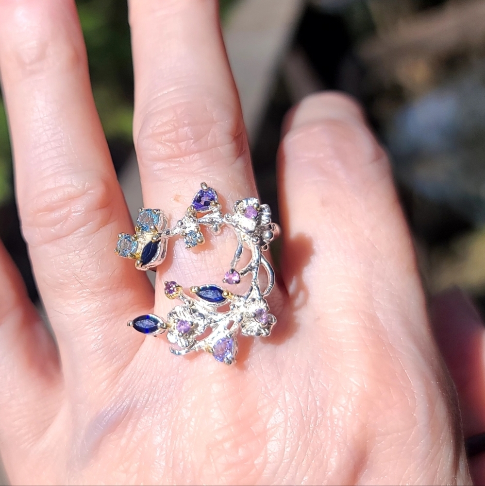 Sapphire Amethyst Tanzanite &Topaz Floral wreath Sterling Ring sz6.75 - Picture 10 of 10